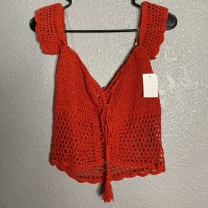 Red crochet off the shoulder crop top